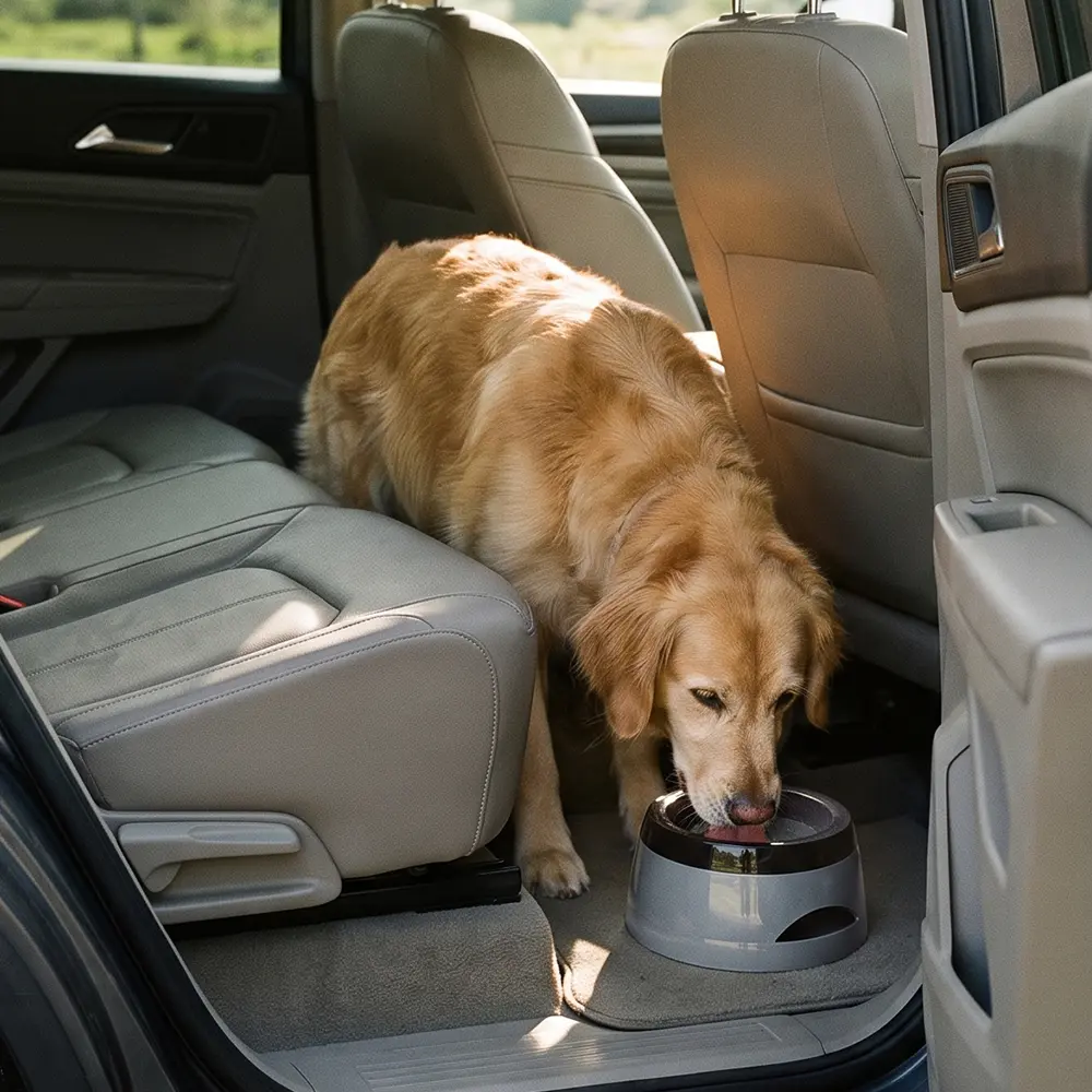 A dog is drinking water in a car